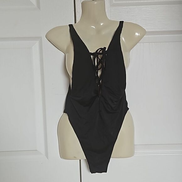 Myra Swim One Piece Bathing Suit Lace-Up, Low Back Black Small - Picture 1 of 16